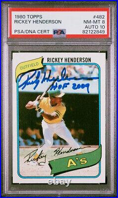 1980 Topps #482 Rickey Henderson RC card signed inscribed PSA DNA 8 10