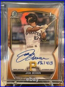 2023 Bowman Jase Bowen 1st Auto Pirates True Orange #/25 Inscribed Phil 413