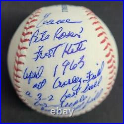 Bob Friend Signed & Inscribed Pete Rose first hit Story Stat Ball. Autograph