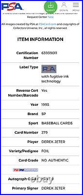 Derek Jeter Auto 1993 Sp Rookie Card Foil #279 Inscribed 96 Al Roy Psa 9 Aut0