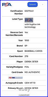 Derek Jeter Signed 1993 Sp Rc Foil #279 Inscribed Hof 2020 Psa 10 Jeter Auto