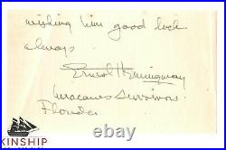 Ernest Hemingway signed 3x5 Cut JSA LOA Inscribed Bold Rare Auto Writer Z785