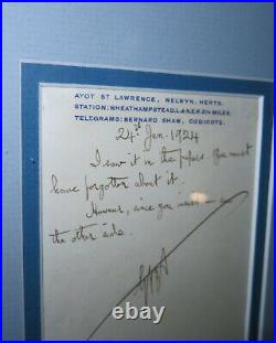 George Bernard Shaw Signed and Inscribed Telegram to Philip Guadalla 1924 Framed