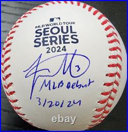 Jackson Merrill Autographed 2024 Seoul Series Baseball Inscribed MLB Debut 32024 Jackson Merrill Autographed 2024 Seoul Series Baseball Inscribed MLB Debut 32024