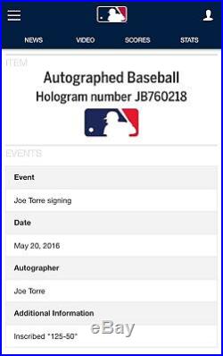 Joe Torre 1998 World Series Inscribed 125-50 Autographed Baseball Yankees MLB