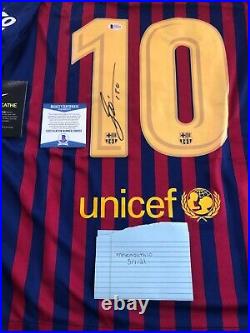 Lionel Messi Autographed Barcelona Nike Jersey Inscribed Leo Beckett COA