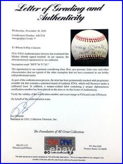 Mickey Mantle Signed Autographed Al Baseball Inscribed Mvp 56, 57, 62 Psa 9 Loa