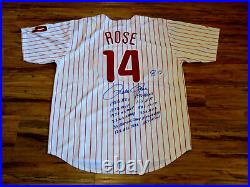 PETE ROSE SIGNED PHILLIES JERSEY With 13 SIGNED INSCRIBED STATS BECKETT AUTOGRAPH