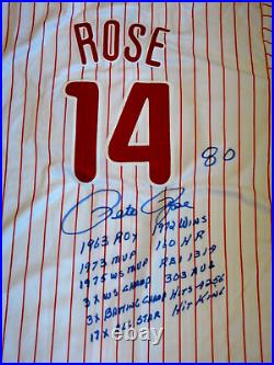 PETE ROSE SIGNED PHILLIES JERSEY With 13 SIGNED INSCRIBED STATS BECKETT AUTOGRAPH