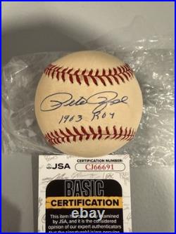 Pete Rose Signed Baseball Inscribed 1963 ROY JSA COA Perfect Autograph