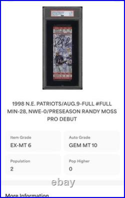 Randy Moss Signed & Inscribed NFL Debut Ticket Autograph PSA/DNA Gem 10 Pop 2