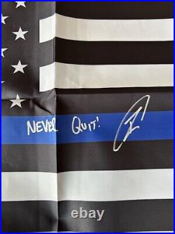 Robert O'Neill Signed, Inscribed Never Quit Blue Lined American Flag 30x17 PSA