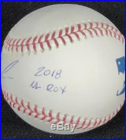 Ronald Acuna Autographed OML Baseball Inscribed 2018 NL ROY with JSA Witness COA