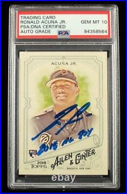 Ronald Acuna Jr Signed 2018 Topps Allen & Ginter #207 Inscribed 2018 ROY PSA 10