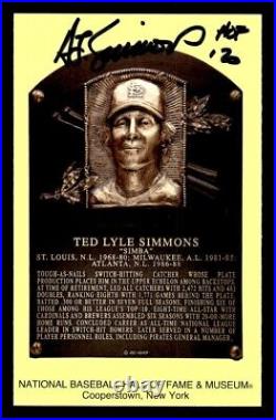 TED SIMMONS SIGNED HALL OF FAME PLAQUE POSTCARD INSCRIBED HOF'20 With JSA COA