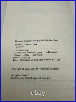 Tennessee Williams Signed Inscribed Memoirs 1975 Doubleday Hardcover Autograph