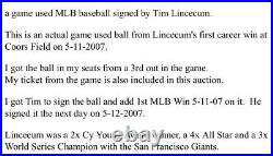 Tim Lincecum 1st MLB Win 5-11-2007 Signed game used Inscribed baseball Giants