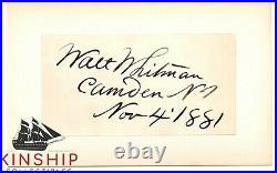 Walt Whitman signed Inscribed Cut JSA LOA Rare Poet d. 1892 Bold Auto Z591