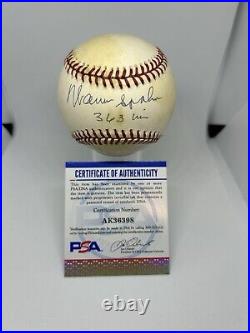 Warren Spahn Signed Baseball 363 Wins Inscribed Auto PSA Certified Autograph