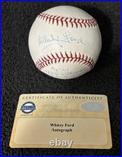 Whitey Ford 5x Inscribed Signed Autographed Vintage OAL BASEBALL Steiner COA
