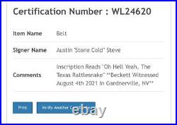 Wwe Stone Cold Hand Signed Inscribed Smoking Skull Belt With Beckett Witness Coa